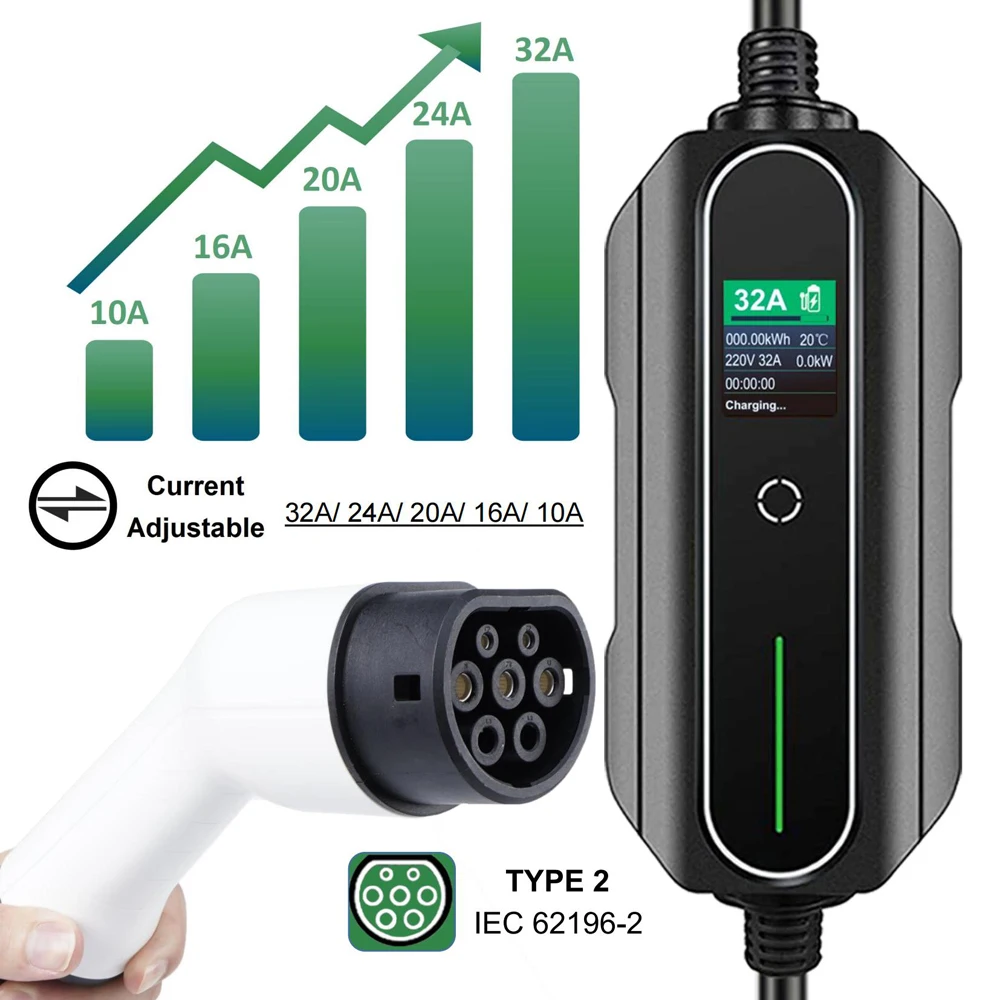 Portable EV Charger Type 2 32A 1 Phase 7KW EVSE Level 2 Adjustable Current Home Electric Car Charger for Vehicles IEC62196-2