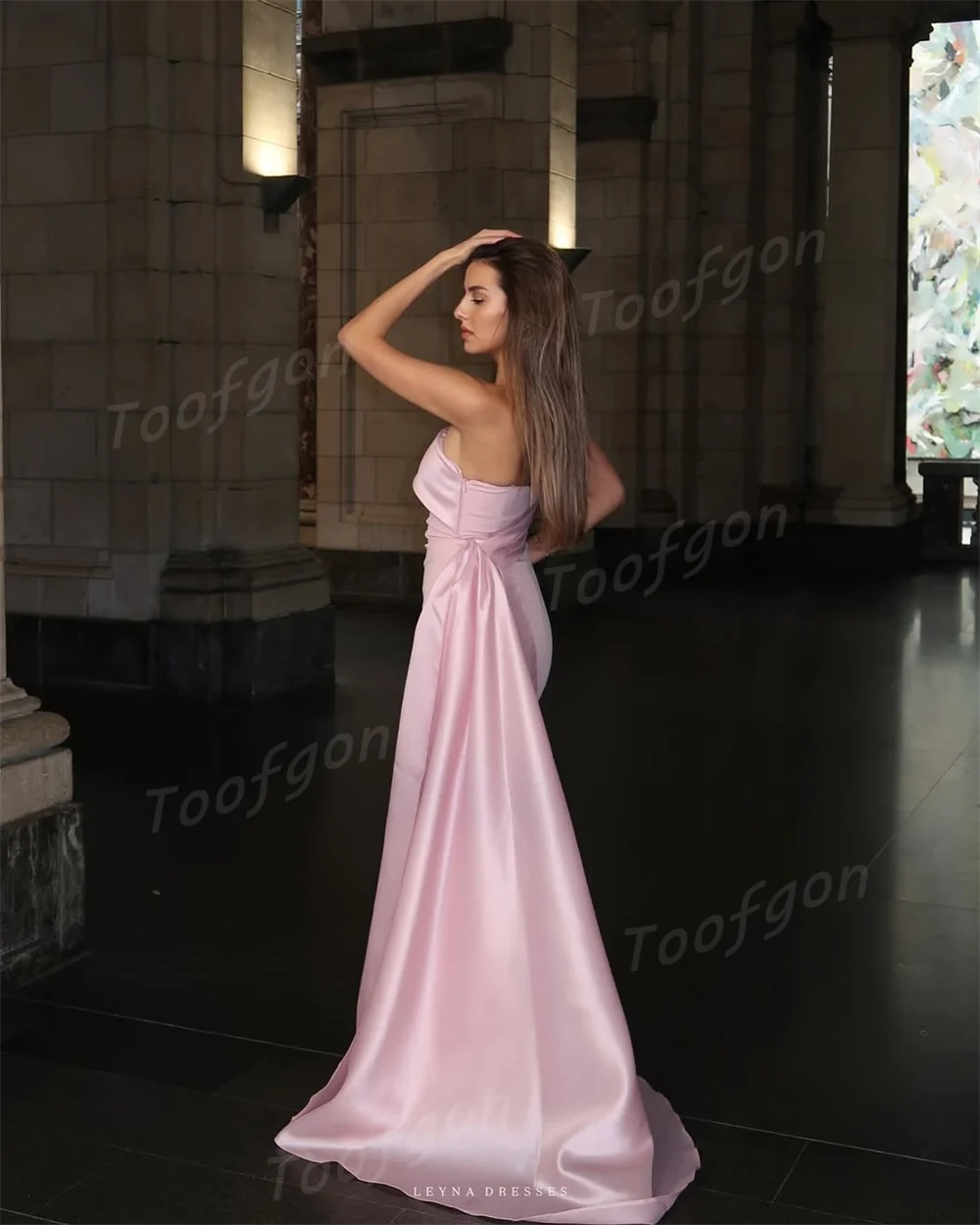 Toofgon Strapless 핑크 공식 파티 댄스 파티 드레스 Pleat 웨딩 드레스 특별 행사 스윕 기차 여성 이브닝 드레스 맞춤형