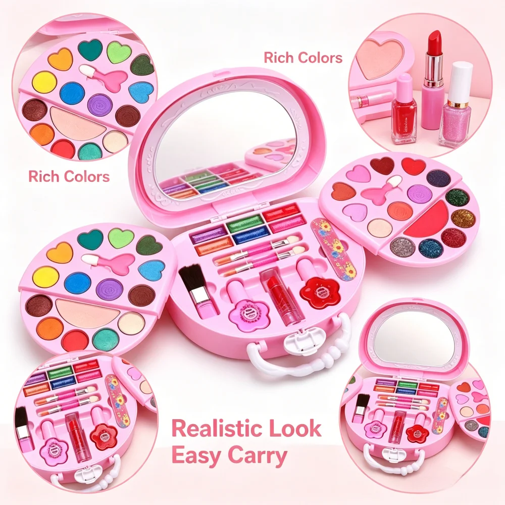 Girls Pretend Play Makeup Kit, Washable Non-Toxic Kids Beauty Cosmetic Set with Mirror & Portable Handbag, Princess Dress Up Toy Birthday Christmas Gift for Girls