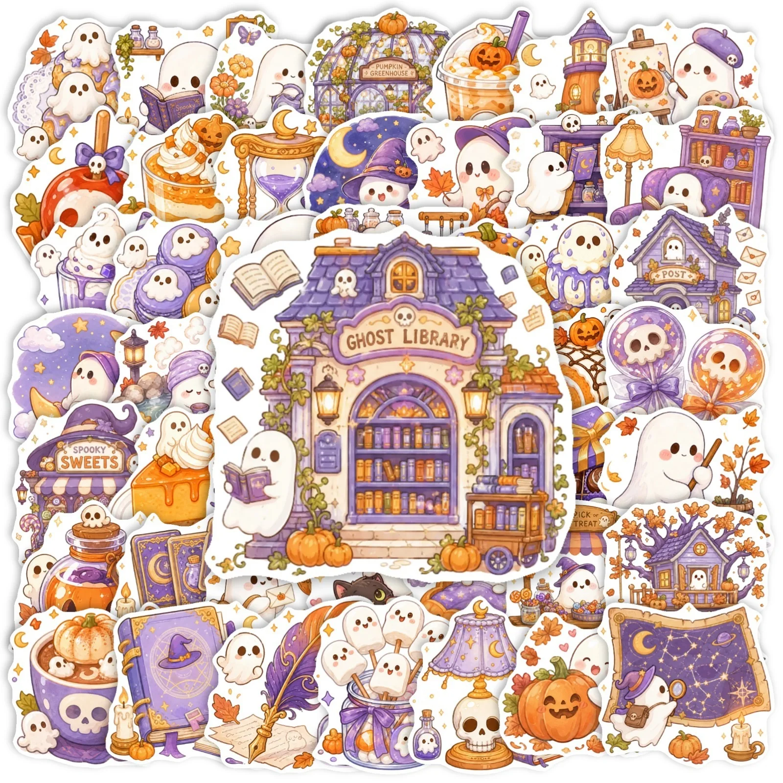 50Pcs Purple Tone Halloween Stickers, Cute Ghost Pumpkin Treehouse Waterproof Decals for DIY Decor