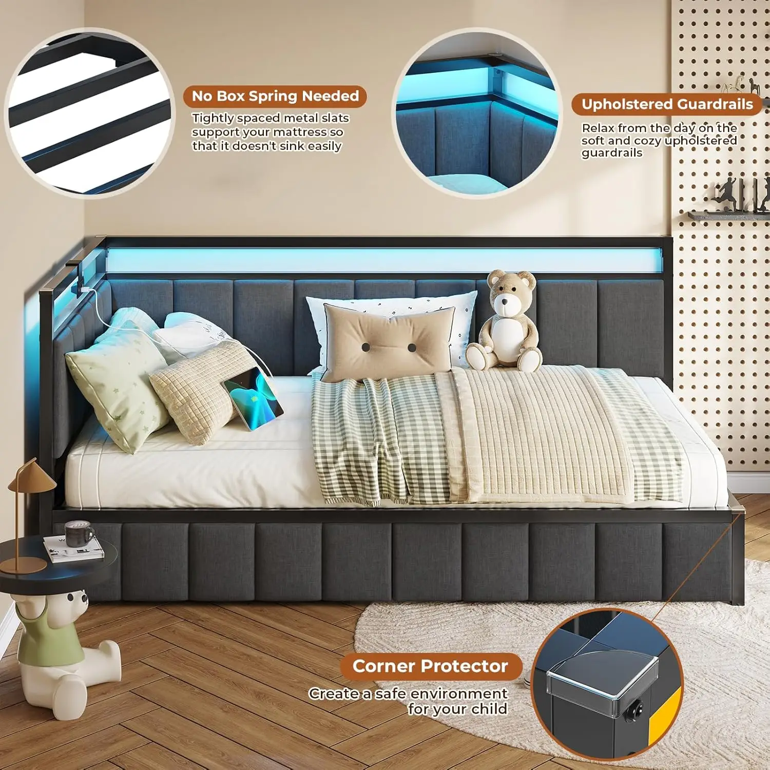 

Полноразмерная кровать-платформа с ящиками для хранения, LED-подсветкой, мягким ограждением и зарядной станцией, серая