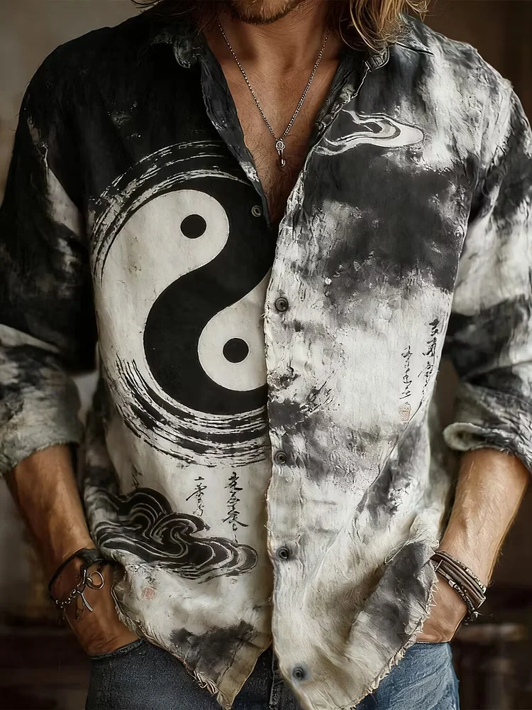 New men's red sun ancient pavilion double tiger Chinese style splashed ink printed long sleeved shirt with collar top