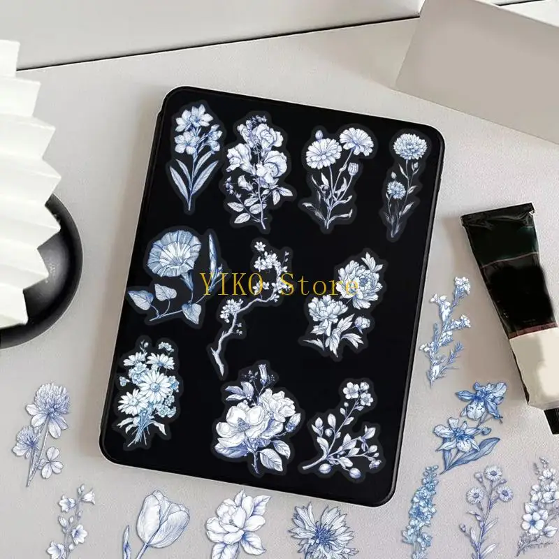 K32C Blue White Journal and Device Styling Set, Flower PET Adhesive Sticker for Laptop Covers, Phone Covers, Cups, Luggage and