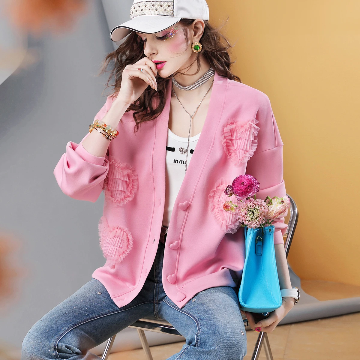 

Spring New V-neck Women's Coat Heart-shaped Three-dimensional Decorative Loose Long-sleeved Jacket Top for women