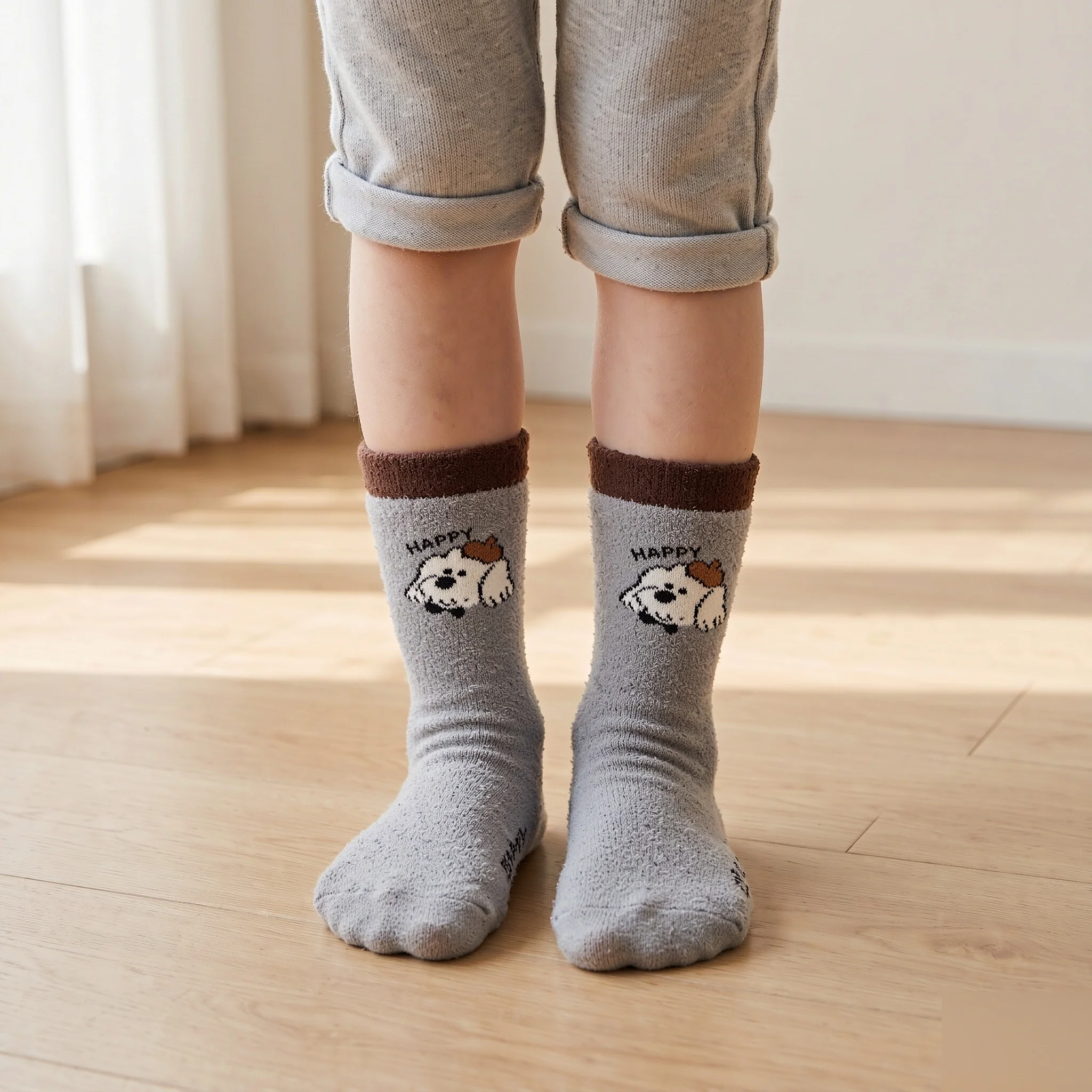 4 Pairs Girls Puppy World Half-Fleece Crew Socks, Thick Winter Warm Cartoon Dog Socks for Girls 3-12Y