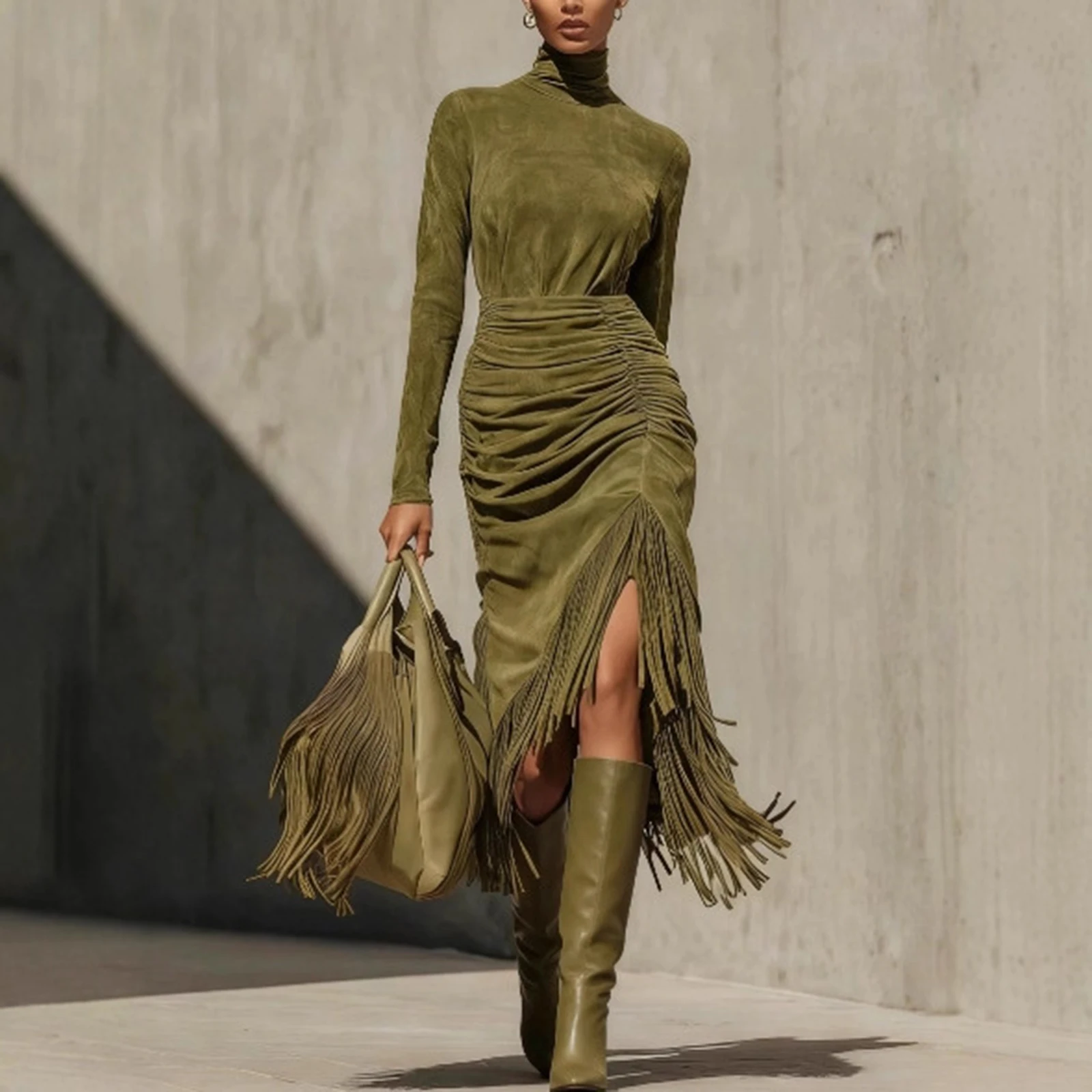 Womens Midi Dress Olive Velvet Turtleneck Ruched Fringe High-Slit Slim-Fit Streetwear Evening 2026 Trending Fashion Vestido