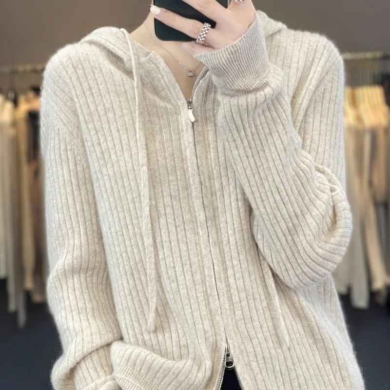 

Hooded Knitted Cardigan Sweater Women's Base irt Trendy Top Loose Fit Long Sve Zipper Closure Color Autumn Winter ...