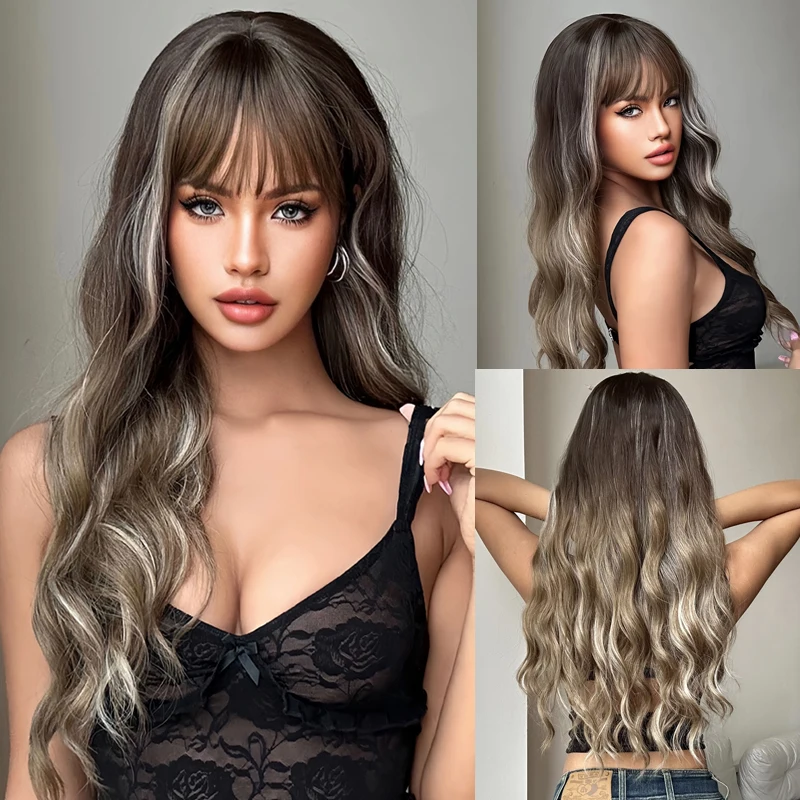 Synthetic Wigs Long Water Wavy for Women Brown With White Highlights Curly Wigs With Bangs Daily Use Heat Resistant Wavy Hair