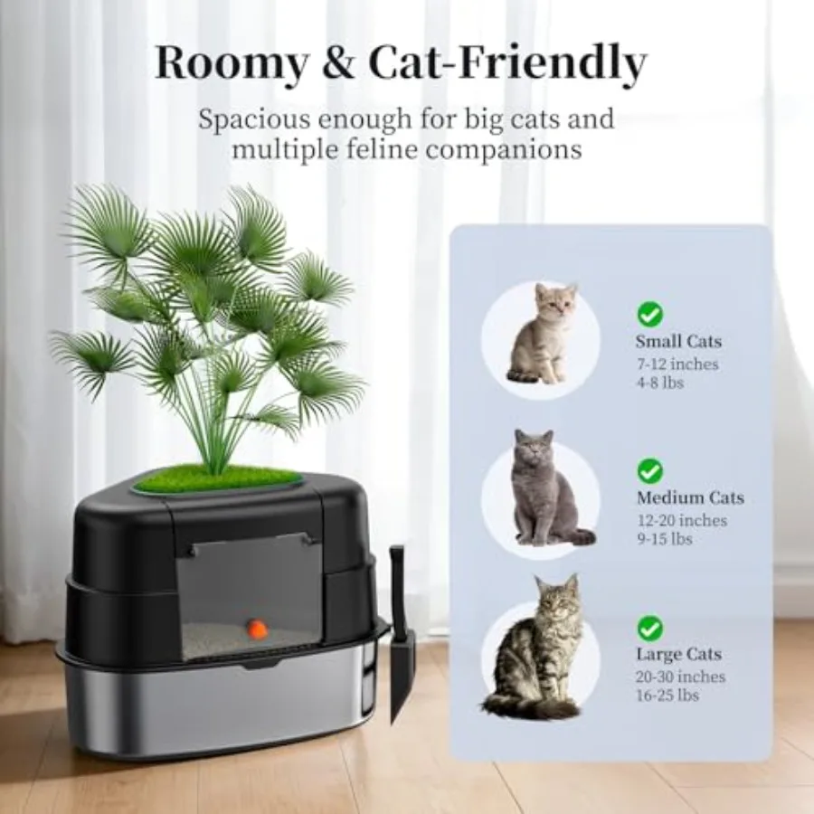 XXL Stainless Steel Corner Cat Litter Box with Lid Enclosed Hidden Plant Litter Box with Artificial Plant Easy-Clean Covered De view 6