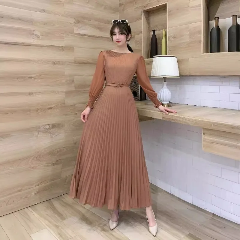 Elegant French Style Dress Belt Long Sleeve Ankle-Length Pleated Skirt O-Neck Solid Colors Slim Waist Dress Party Evening Dress