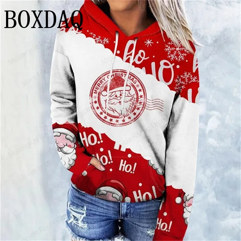 Santa Claus Sweatshirt Christmas 3D Print Hoodies Women Fashion Hooded Women Winter Casual Pocket X-mas Snowflake Loose Top 2025