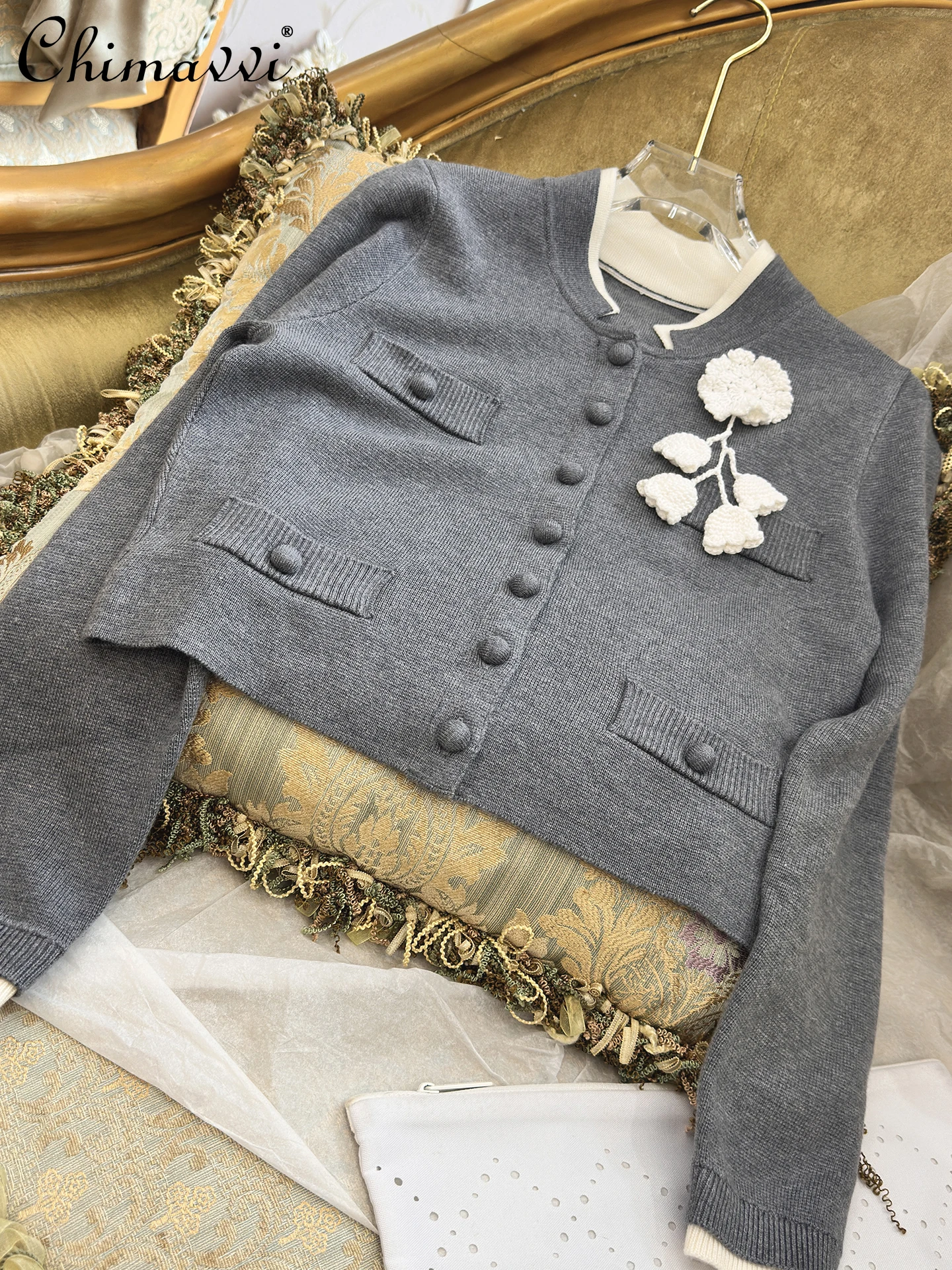 Осень-зима 2022, новый модный тонкий серый вязаный кардиган, женский милый трехмерный цветочный декор, элегантный свитер, пальто
