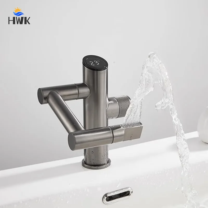 

Bathroom Temperature Display Basin Faucet Waterfall Spout Mixer Tap Hot Cold Water Taps Deck Mounted Multifunctional Sink Faucet