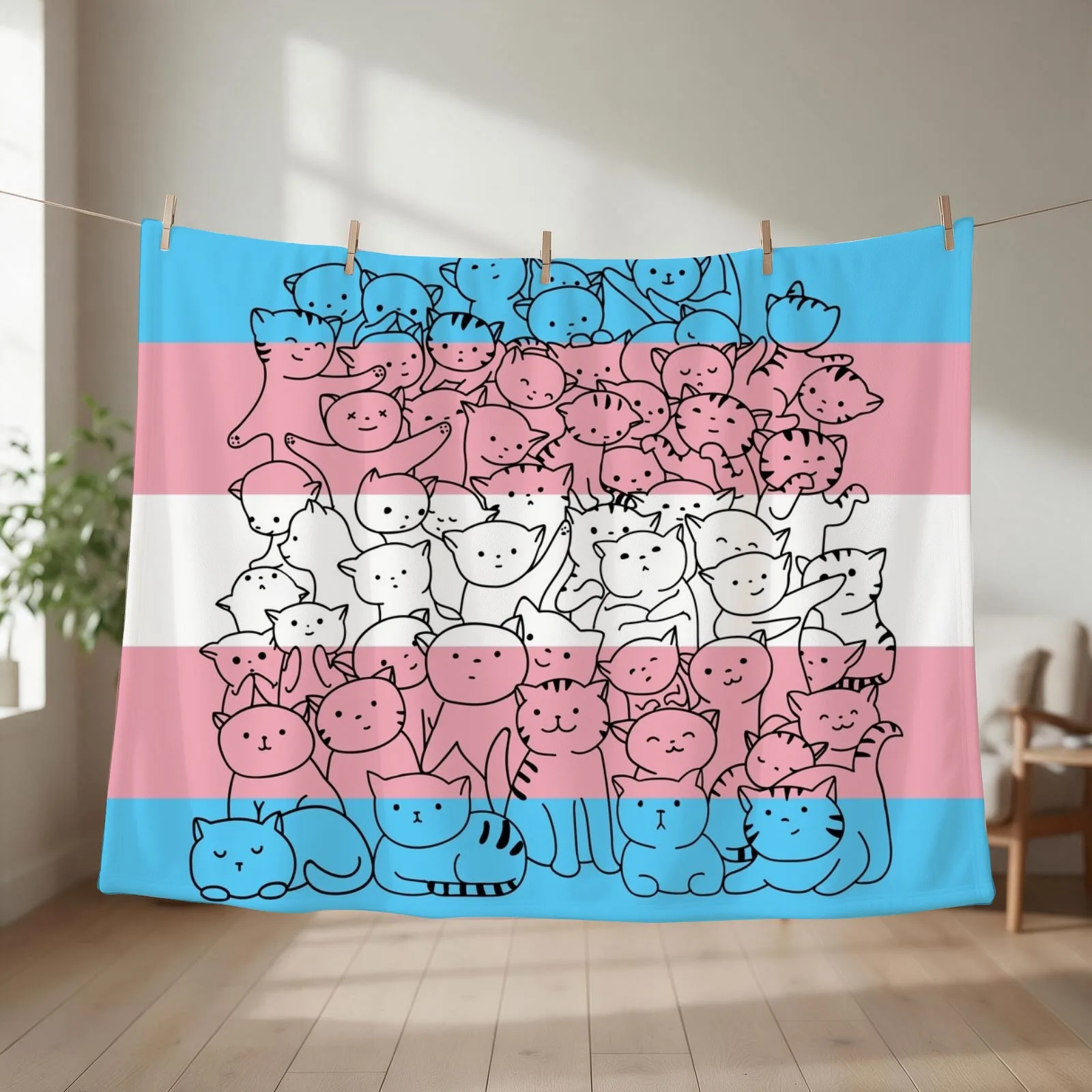 Trans Transgender Cat Pride Flag Throw Blanket couch cozy soft plush fuzzy picnic outdoor blanket