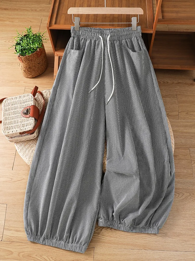Classic Korean Style Plaid Pure Cotton Lantern Pants Women Summer plus Size Wide Leg Trousers High Waist Cover Hip Elastic Cuff