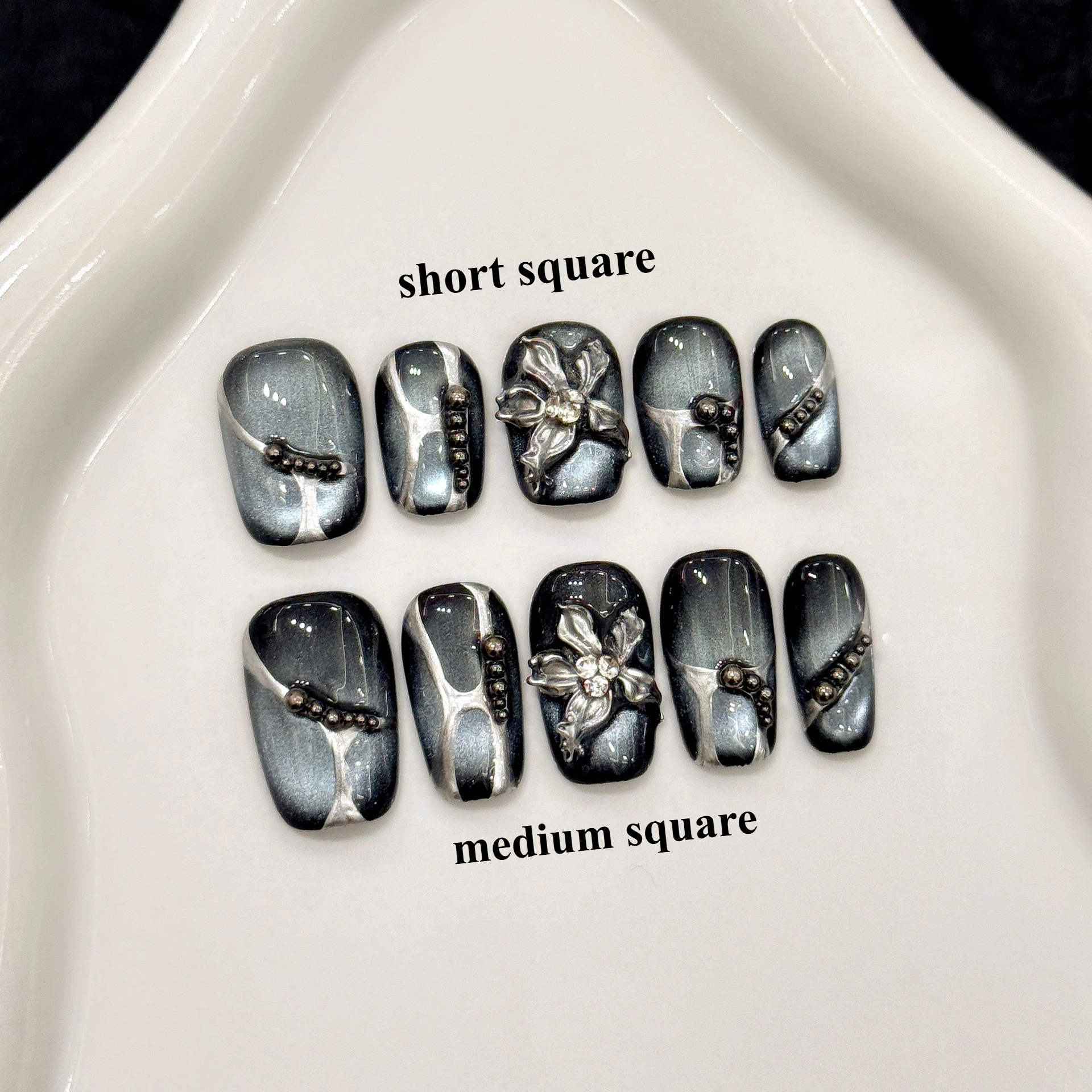 

10PCS Dark Cat Eye Handmade Square Press on Nails 3D Carved Flowers Silver Lines Fake Nails for Women Wearable Ins False Nails
