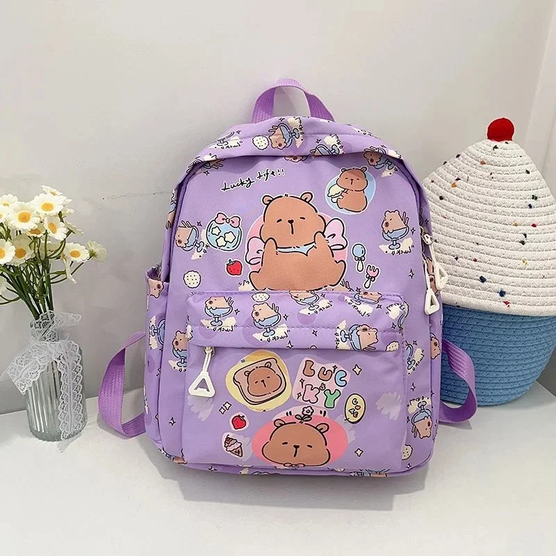 Kawaii Capybara Cartoon Backpack For Teen Girls Student School Bag Nylon Large Capacity Lightweight Rucksack Travel Daily Use