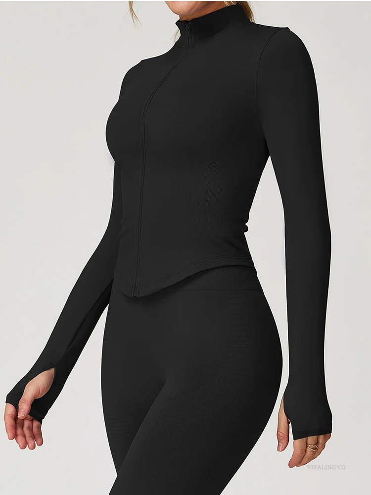 VITALINOVO Damen Cropped Running Workout Jacken mit Reißverschluss, schmal geschnittene Sportjacken mit Daumenlöchern, nahtlose, dehnbare Trainingsjacken – Detail 3