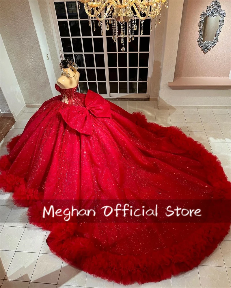 Vermelho querida arco quinceanera vestidos de baile grânulo applique 2024 aniversário vestido luxo plissado vestido formal doce 16 personalizado