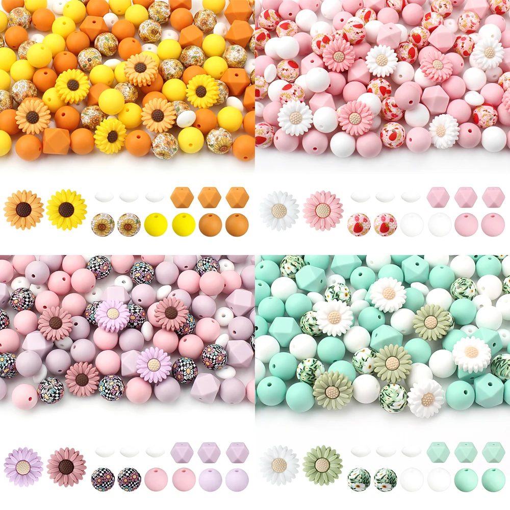 30Pcs 15mm Silicone Beads Set Printable Beads Daisy Flower Focal Beads for Pen Making Jewelry DIY Bracelets Accessory Decoration