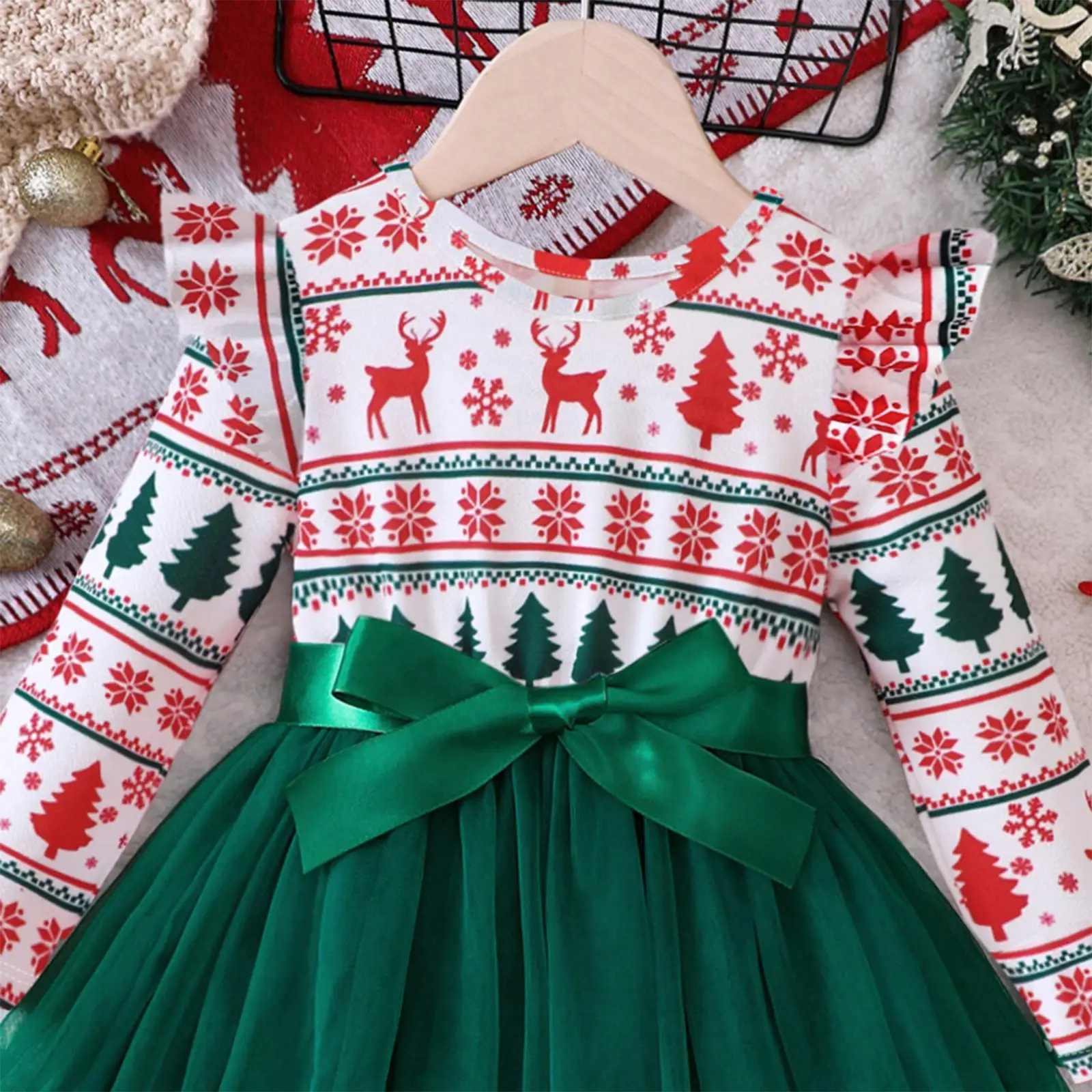 Vestido de baile para fiesta de Navidad para niñas, vestido de princesa con tutú de malla estampado bonito de manga larga, disfraz de Cosplay para Festival de Año Nuevo y Navidad