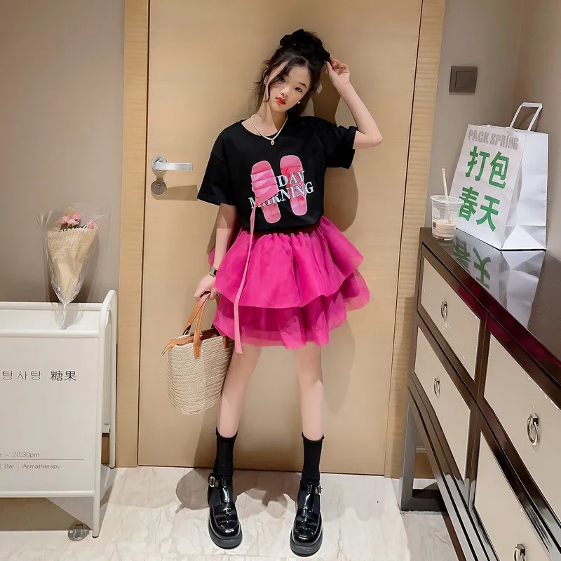 Princess Girls Summer Clothes T-shirt Skirts two pieces Outfits Black Slippers Pattern t shirts with Tutu puffy Mini Skirts Sets