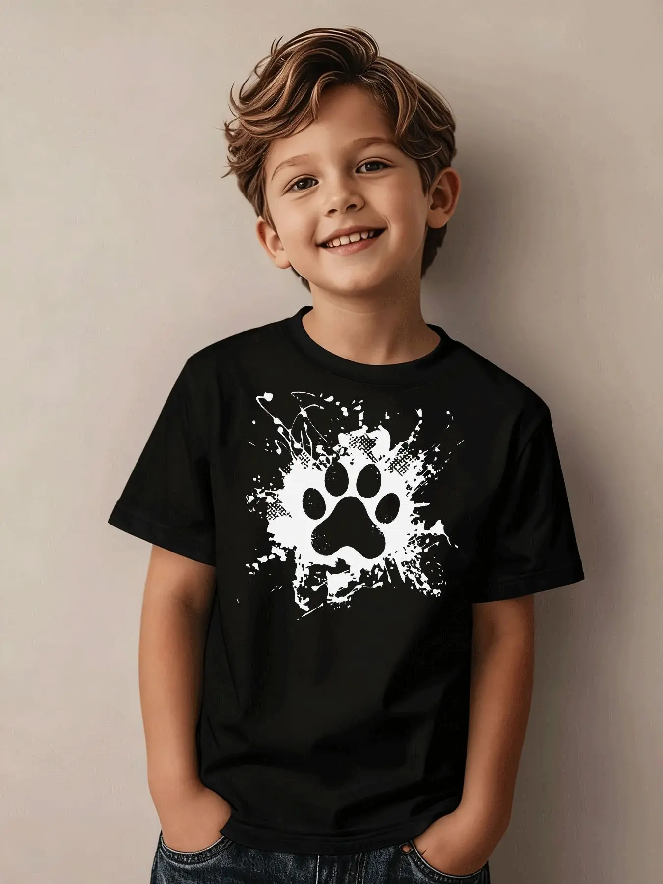 Children's Cotton T-shirt Cute Splash Graffiti Cat Paw Cartoon Print Round Neck Short Sleeved Fashionable Parent-child Top