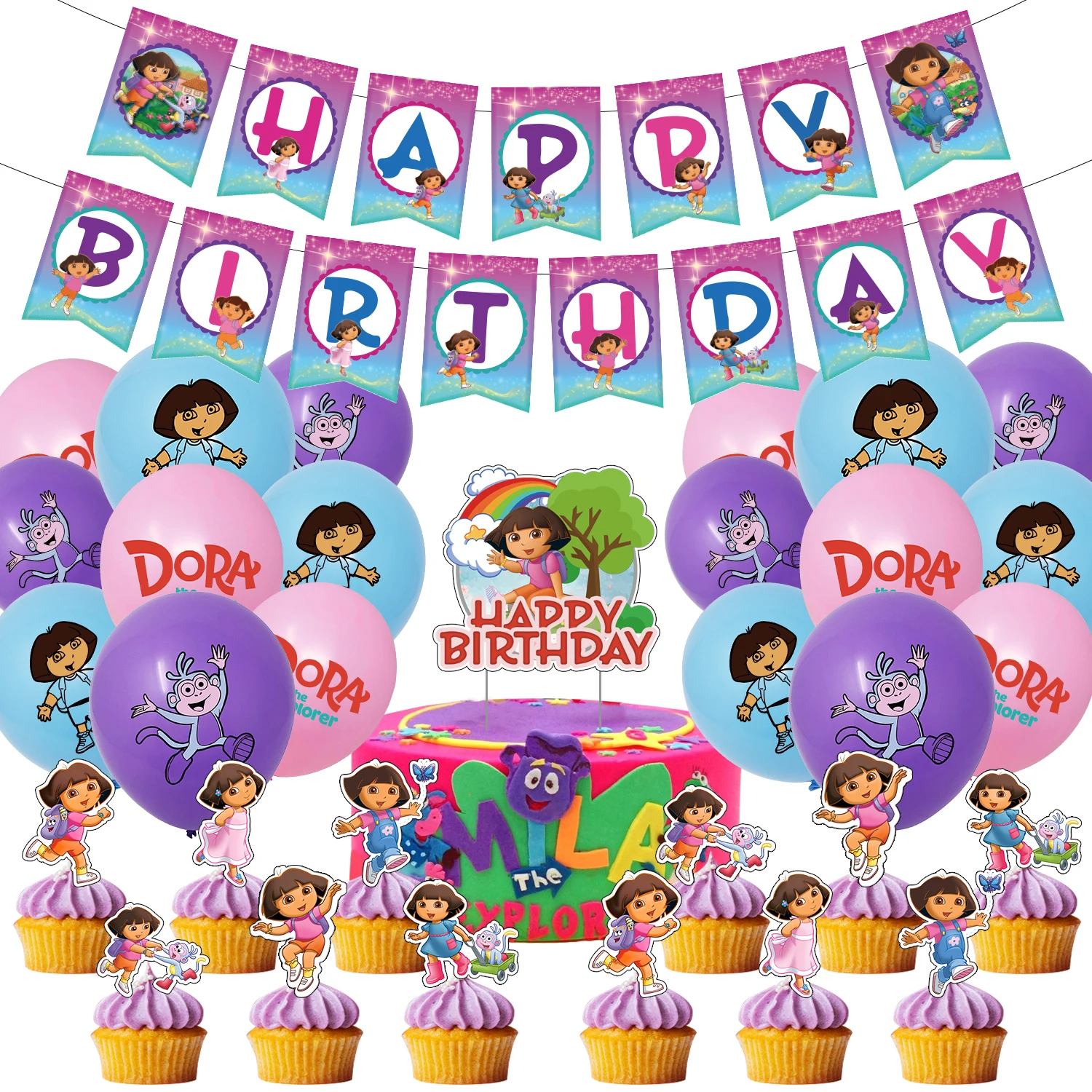 Cartoon DORA-The-Explorer Birthday Party Supplies Balloon Decoration Disposable Party Tableware Banner Background Baby Shower