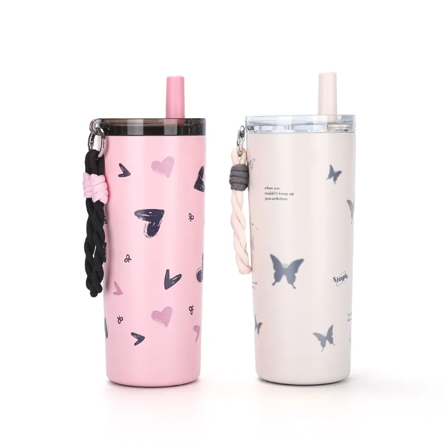 

New Creative High-Quality Cartoon Print Portable Handle Tea Strainer Insulated Coffee Cup Large Capacity Simple Girls Straw Cup