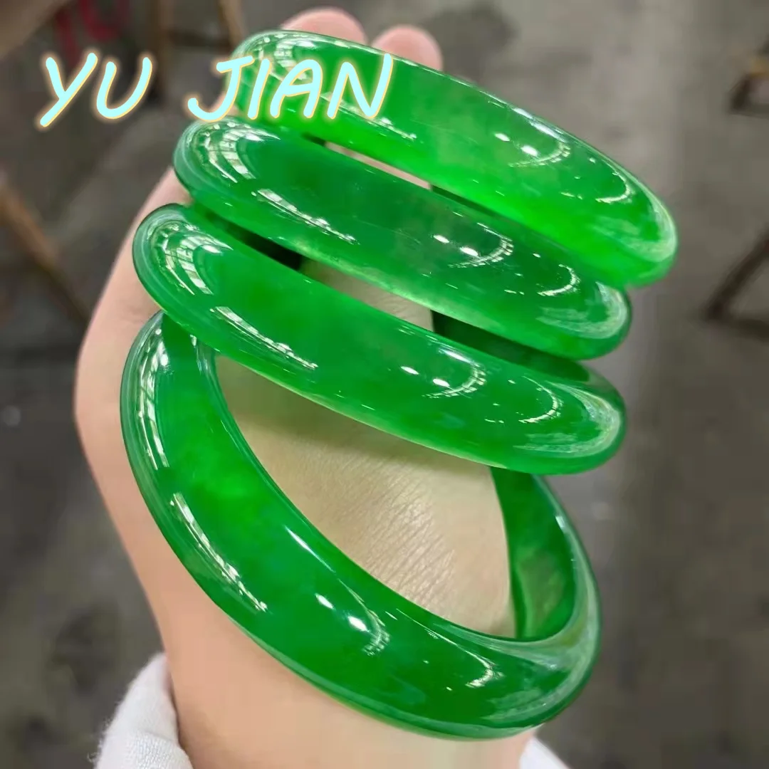 

Genuine A Cargo Yang Green Jadeite Myanmar Natural Jade Bracelet Ice Species Floating Flower Concubine Wide Round Bar Transpare