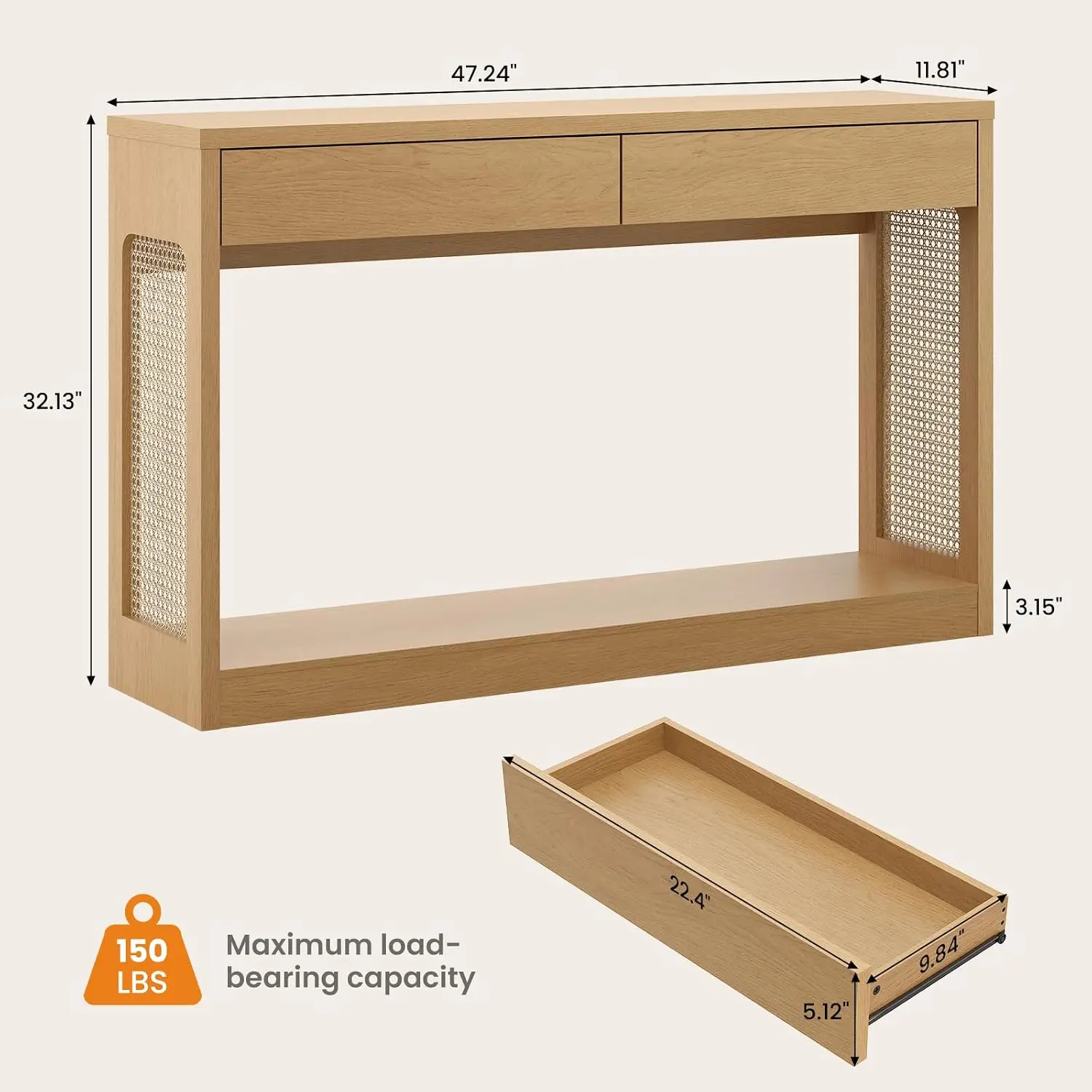 Narrow Console Table With 2 Drawers & Open Shelf, Natural Oak Wood Finish, 47 Inch, Customized