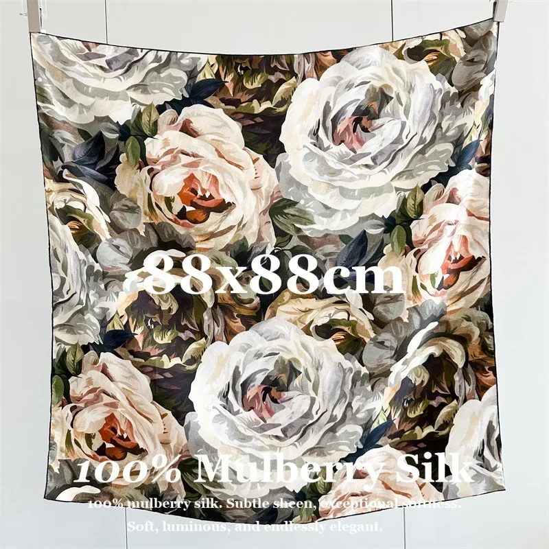 2026 Tulip Print 100% Mulberry Silk Square Scarf Women 88cm Neck Warmer Soft Korean Style Long Wrap Gift Fashion Elegant Daily