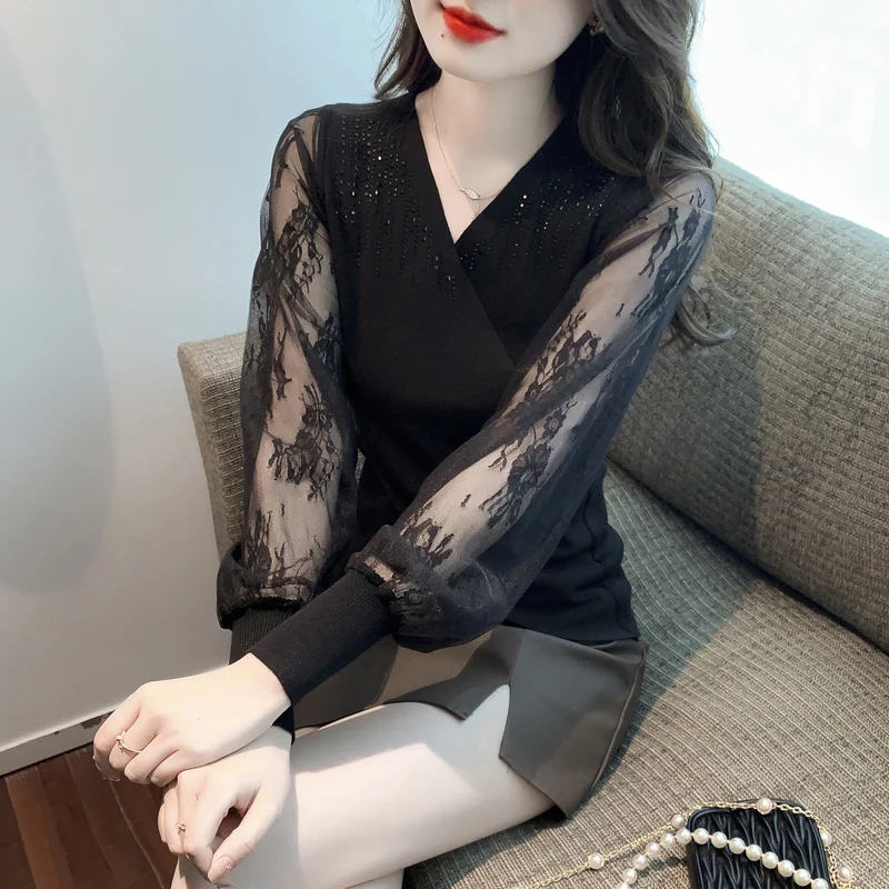 New 2024 Spring Autumn Long Sleeved V-Neck Hot Drilling Lace Shirt Elegant Slim Embroidery High-End Women Blouses