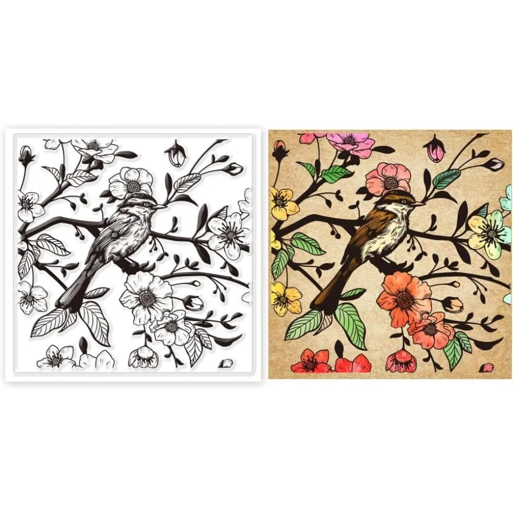 1Sheet Sparrow Cherry Blossom Clear Stamps for DIY Scrapbooking Bird Sparrow Animal Cherry Blossom Stamp 5.91×5.91inch