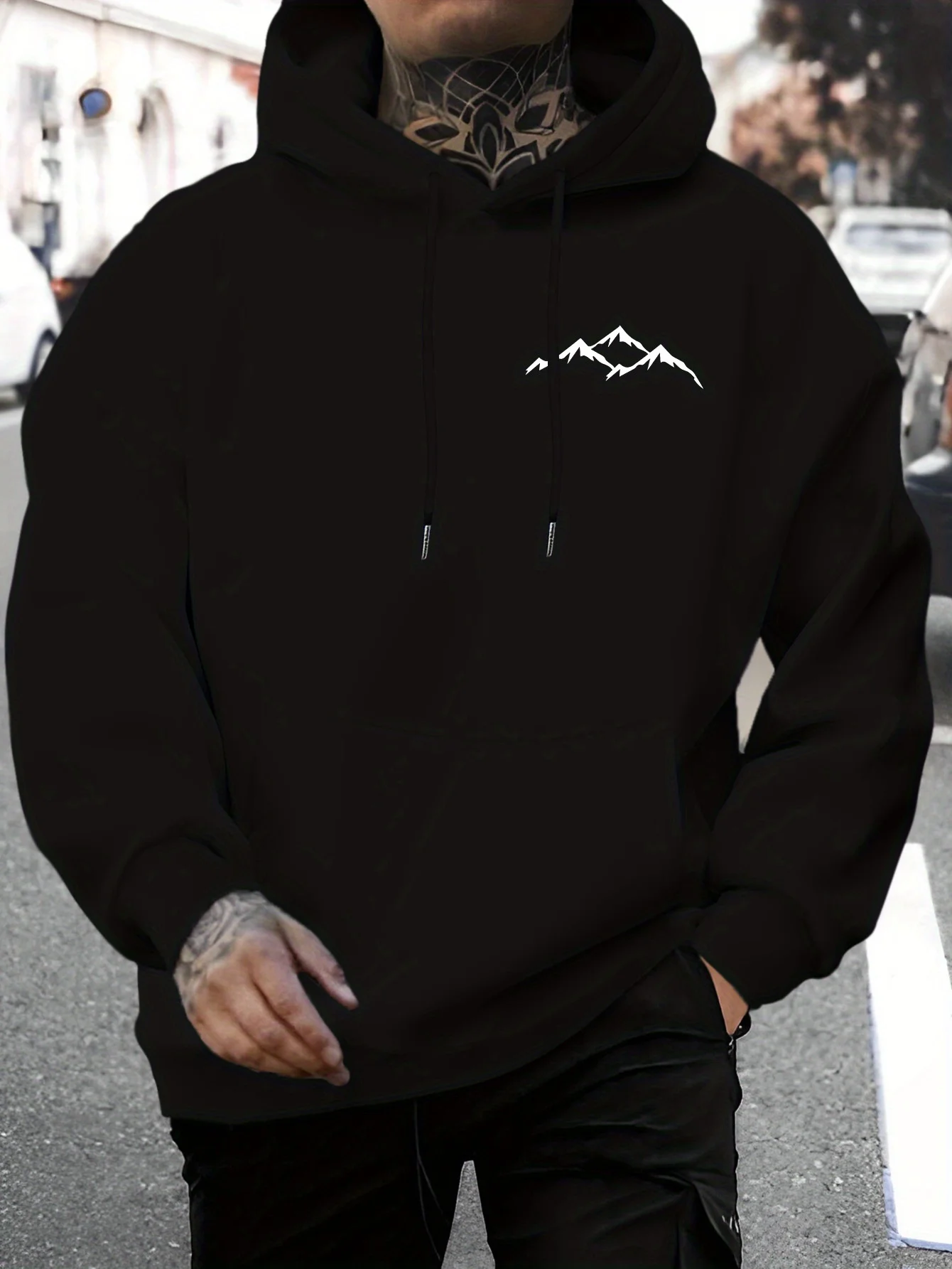 Lässiger rosafarbener Herren-Hoodie mit Fleecefutter, stilvoller Grafik-Langarm-Hoodie mit normaler Passform und Freizeitkleidung, Kapuzenpullover aus Mischung vorne