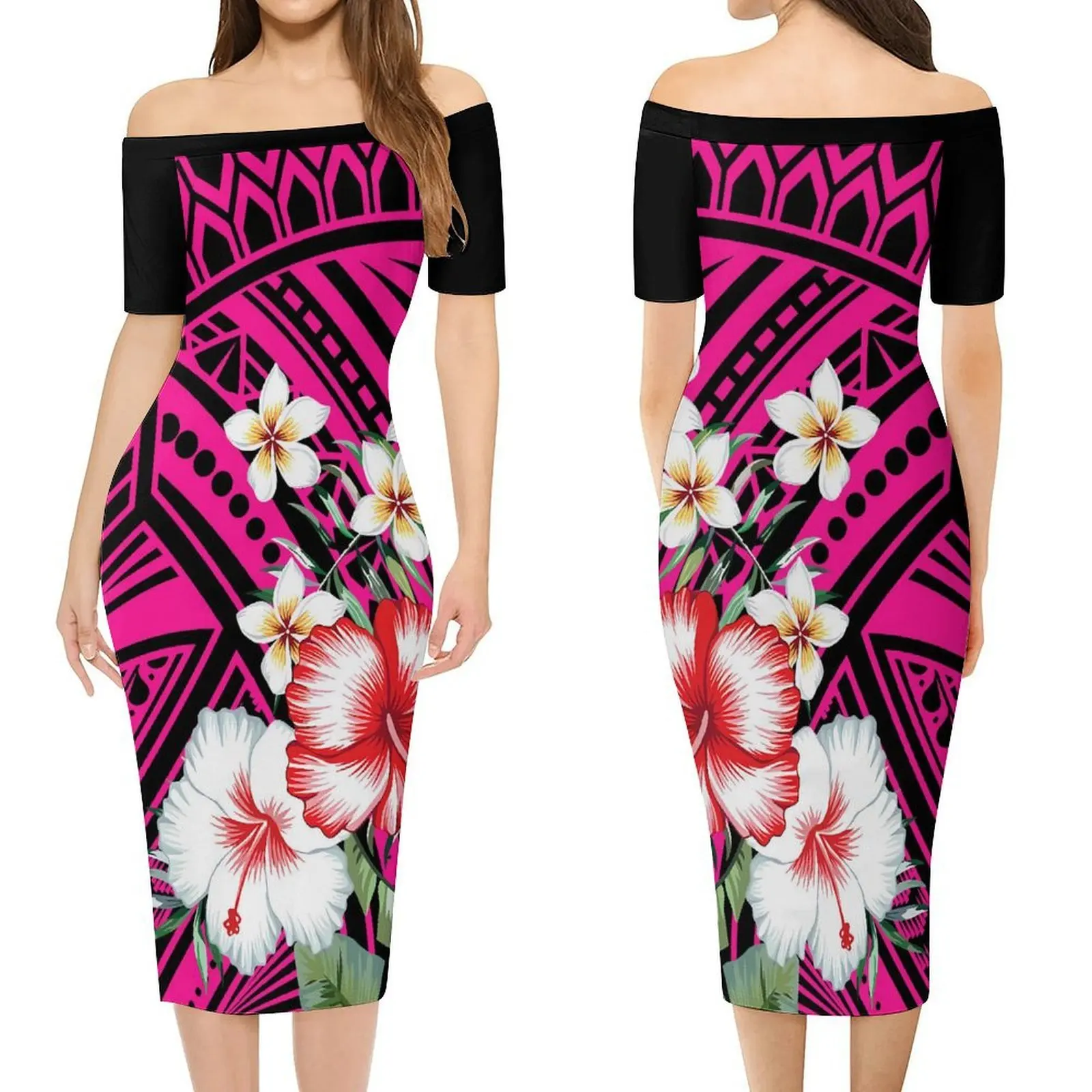 Custom-Designed Women'S Dress Pattern Featuring Samoa Hibiscus Flowers Pacific Islands Polynesian Slimming One-Shoulder Dress