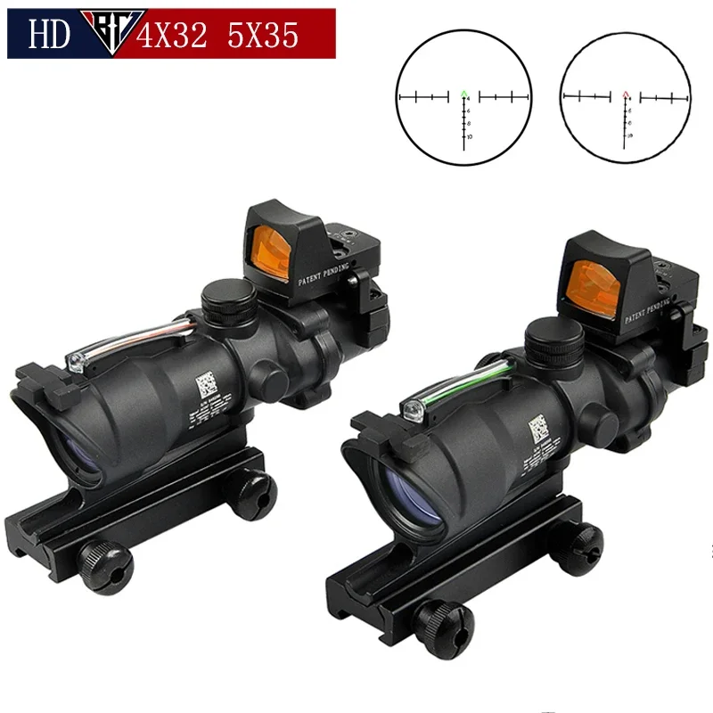 

ACOG 4X32 5x35 Scope Cahevron Reticle Fiber Green Red Illuminated with RMR Mirco Red Dot Sight Tactical Hunting Riflescope