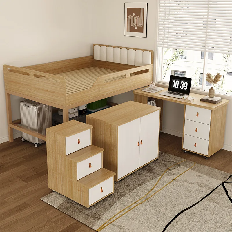 Modern simple steel frame bed 1.2 meters heightened fence with ladder cabinet desk combination bed