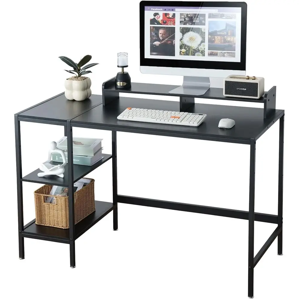 

47 Compact Black Desk with Storage - Ideal for Gaming, Bedrooms, and Home Offices