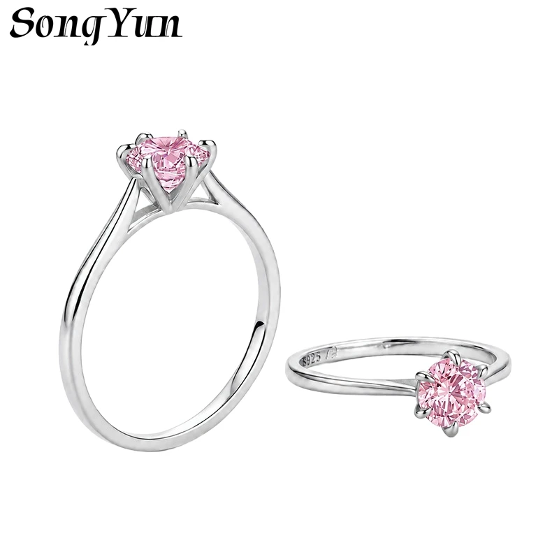 SONGYUN Moissanite Diamond Jewelry Women's Colored Moissanite Ring 6Prong Solitaire Thin Band S925 Sterling Silver