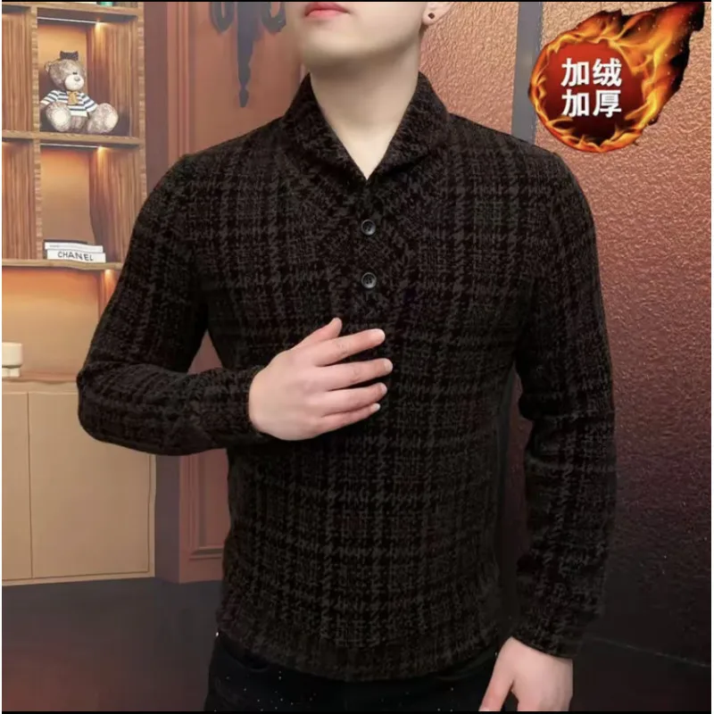 

Новинка 2026, роскошные клетчатые толстовки для мужчин, толстые теплые повседневные толстовки с длинными рукавами и v-образным вырезом, деловой пуловер, мужская одежда