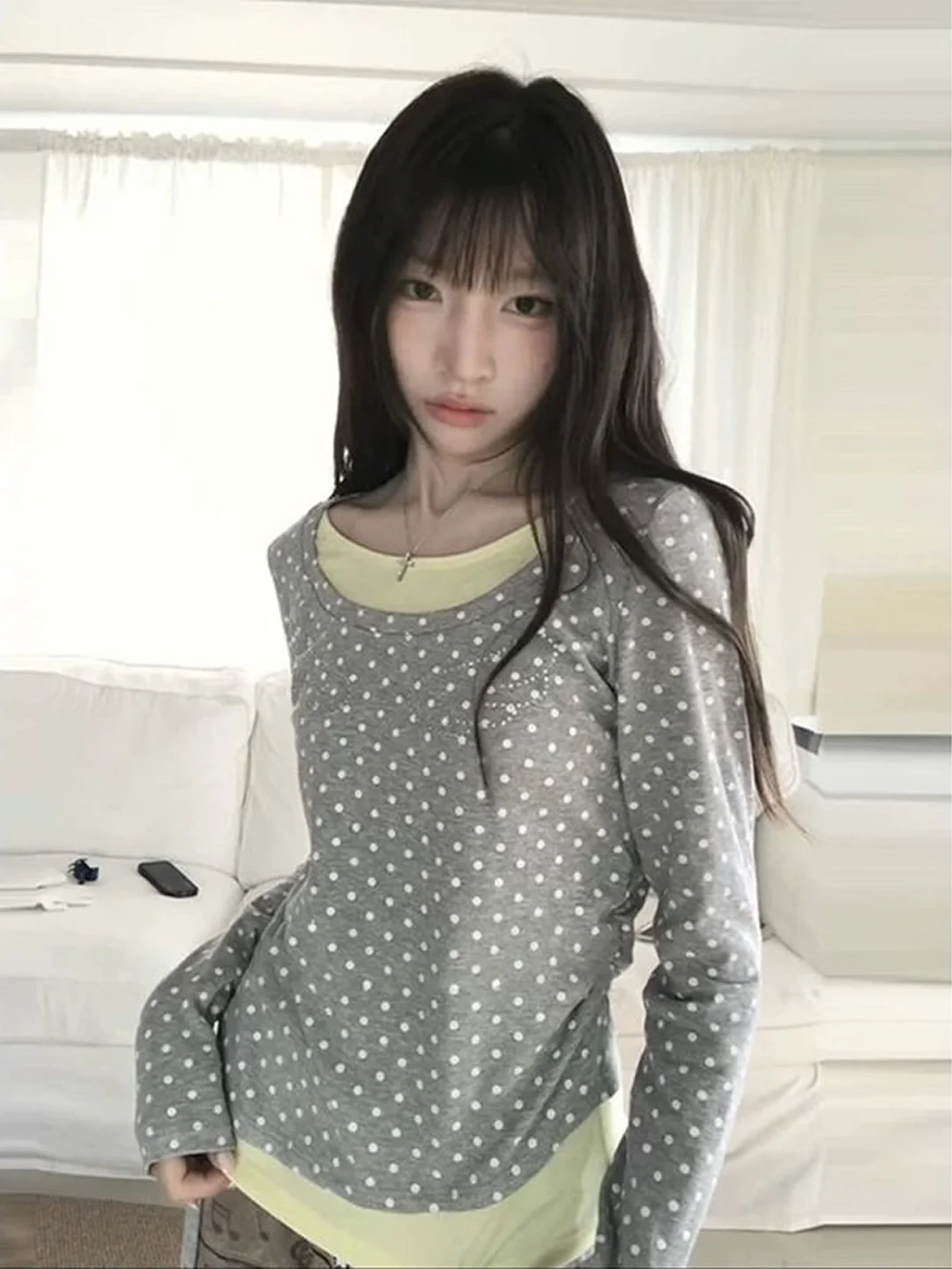 

Retro Polka Dot Print Long Sleeve Women's Top Sweet And Spicy Girl Base Shirt Spring Autumn Winter Design Sense Iron Diamond