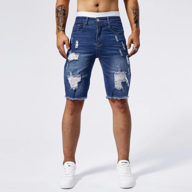 Retro washed nostalgic distressed denim shorts for men's summer slim fit stretch street fashion trend casual capris