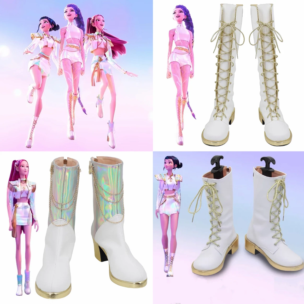 KPop Rumi Mira Zoey 화이트 노래 정장 여성 소녀 할로윈 파티 역할 놀이 코스프레 신발 부츠 성인 어린이를위한