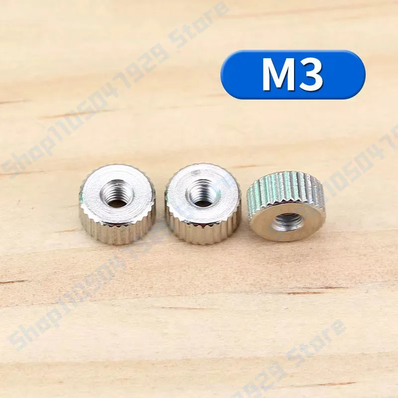Picture 6: Peijian 10/20/30/50/100pcs M2 M2.5 M3 M4 Carbon Steel Nickel Plated Round Knurled Thumb Thin Nuts Through Hole Nut
