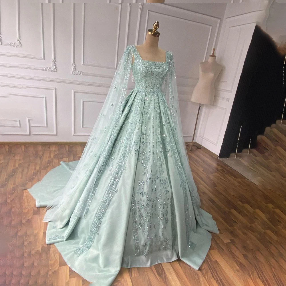 

Fairy Cape Wedding Dresses Square Collar Sleeveless Bride Dress A Line Beading Women Green Garden Bridal Gown Customized Fairy