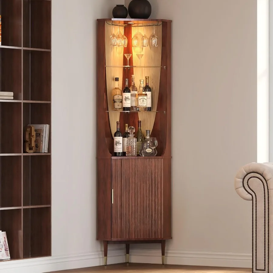 Tall Corner Bar Cabinet for Liquor, Walnut, Mid-Century Modern, 70 Height, Space-Saving Design