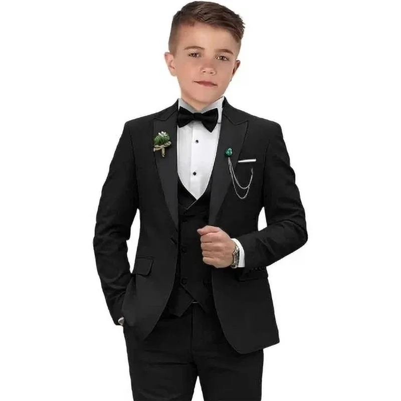 Summer Fashion Black Boys Suits 3 Piece Elegant Peak Lapel Single Button Baby Outfit Solid Party Wedding Tuxedo Child Sets