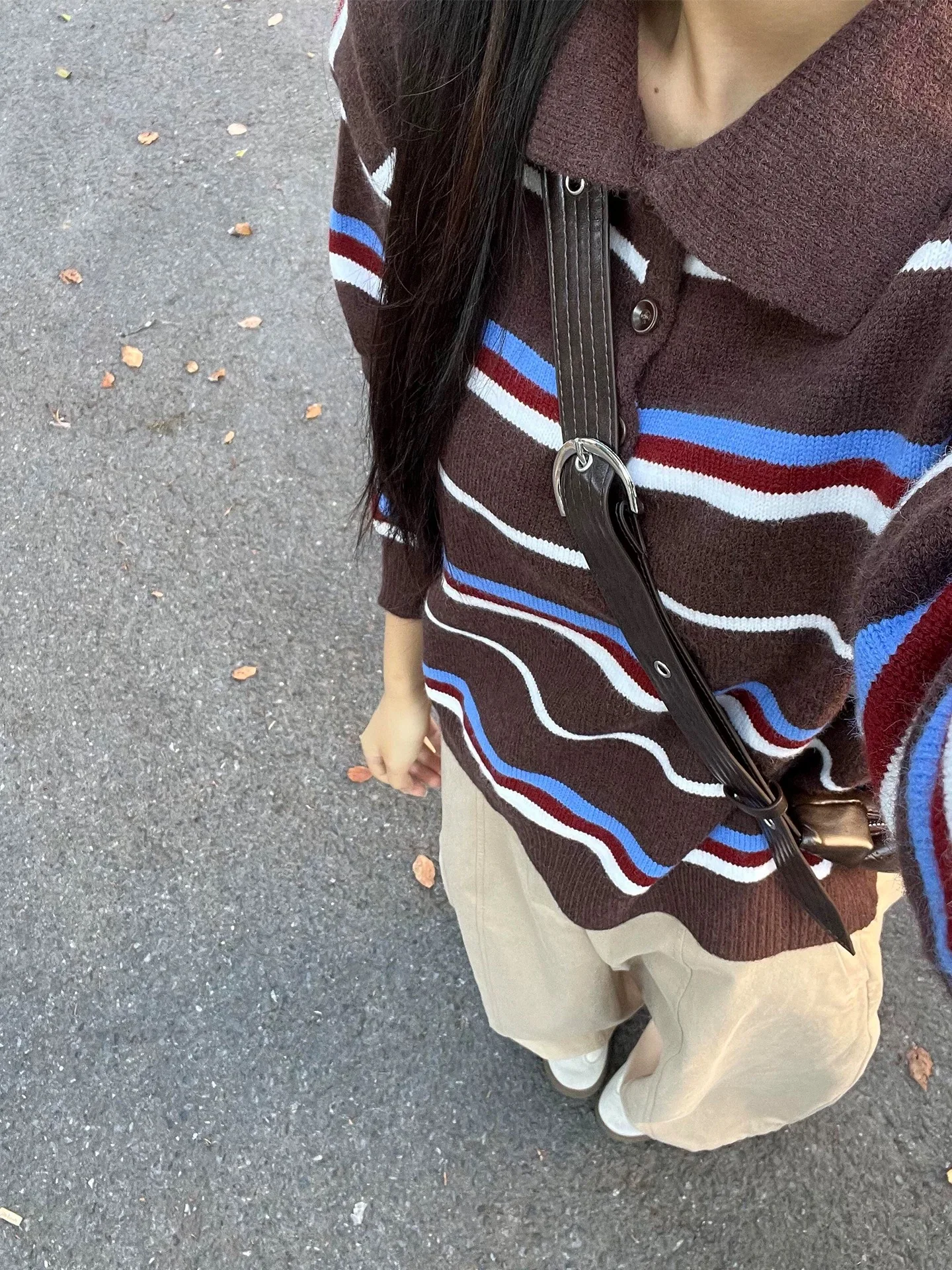 Retro Korean Striped Color Block Long Sleeve  Neck Knitted Sweater Women's Casual Versatile Autumn Winter Warm Top