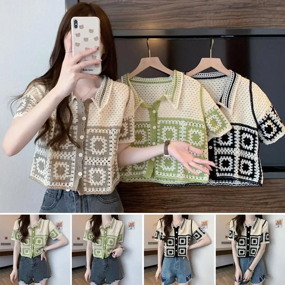 

Summer Floral Crochet Vest Top Vintage Loose Sunscreen Cardigan Sun-protection Short Sleeve Knitted Top Cardigan for Women